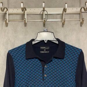 Autograph Sweater Men S Blue Slim Geometric Knit Polo Italy Merino Wool Blnd L/S
